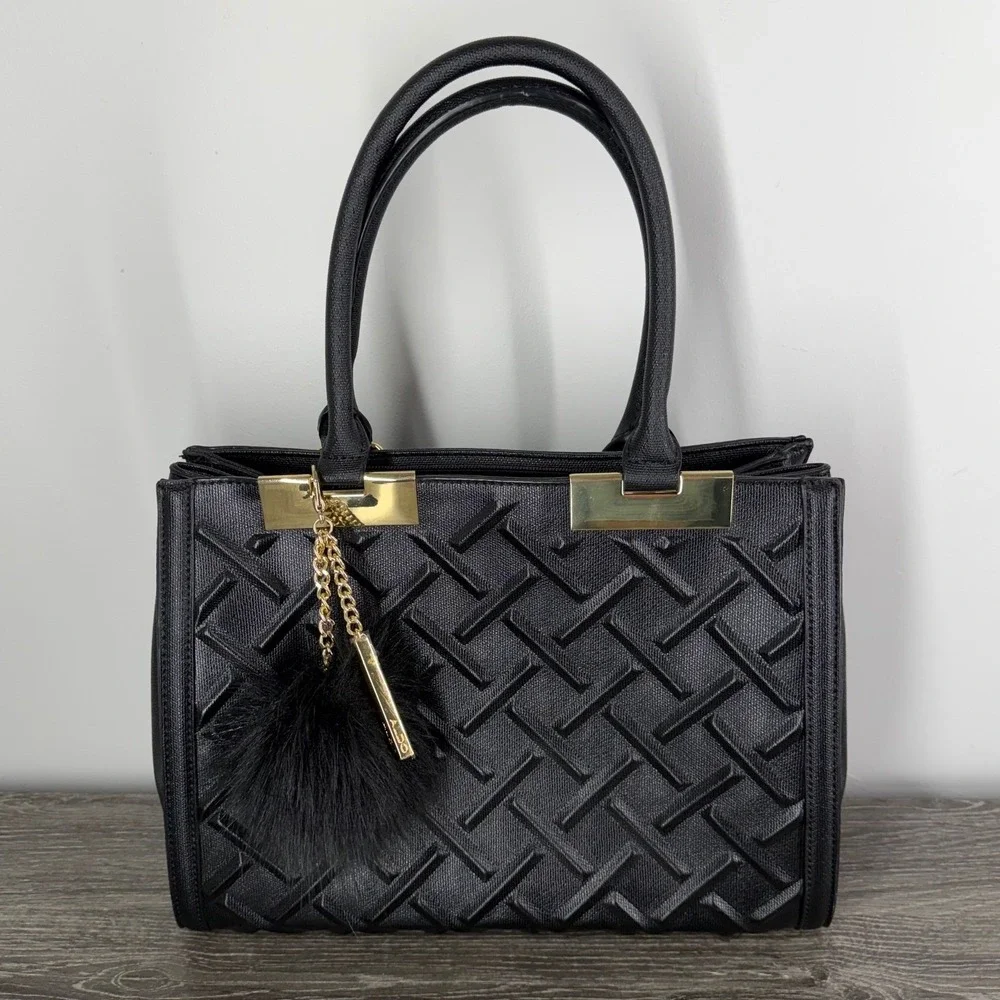Aldo Black Embossed Geometric Satchel Handbag Gold Hardware Crossbody Bag Medium
